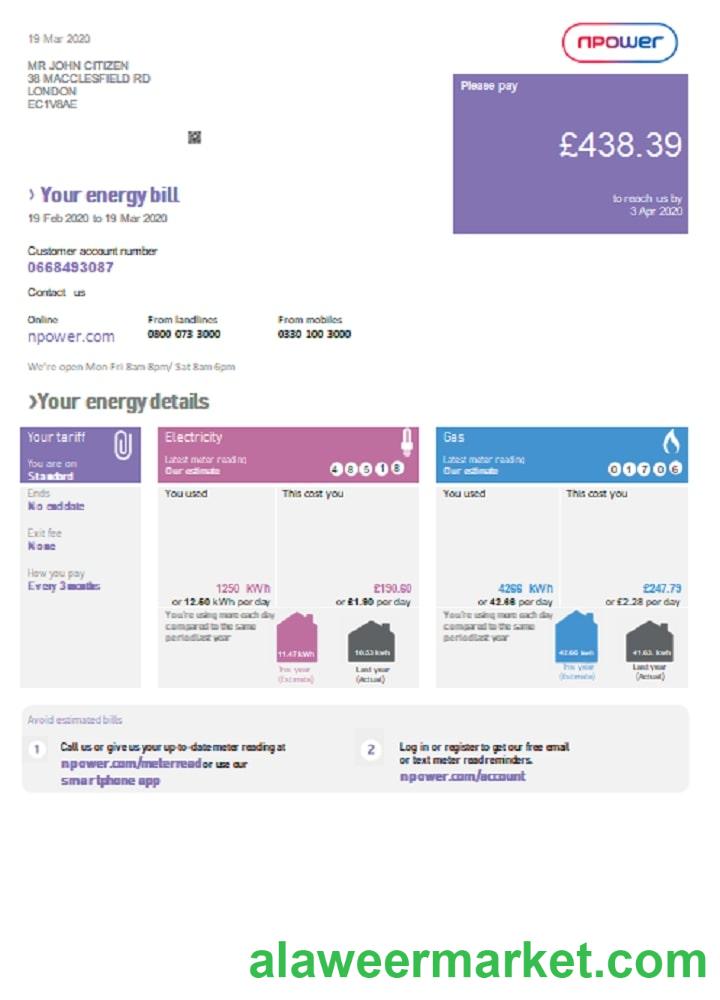 United Kingdom Npower utility bill template in Word and PDF format